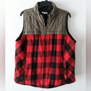 Maurices Red and Black Buffalo Plaid Vest with Olive Quilted Yoke